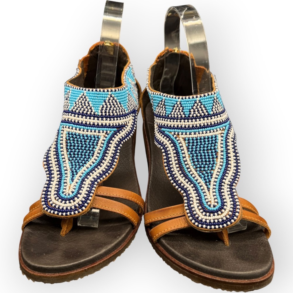 Pikolinos Womens Leather Beaded Gladiator Sandals Blue Tan Boho Flats Size 8
